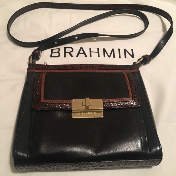 Small Black Brahmin Crossbody with Brown Trim - Picture 1 of 4